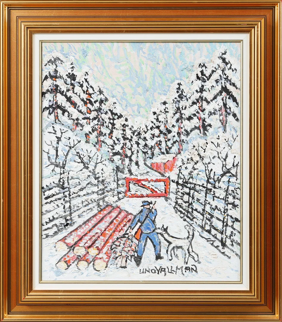 UNO VALLMAN. Timmerman i snölandskap, olja på duk, signerad. — Paintings — Göteborgs Auktionsverk