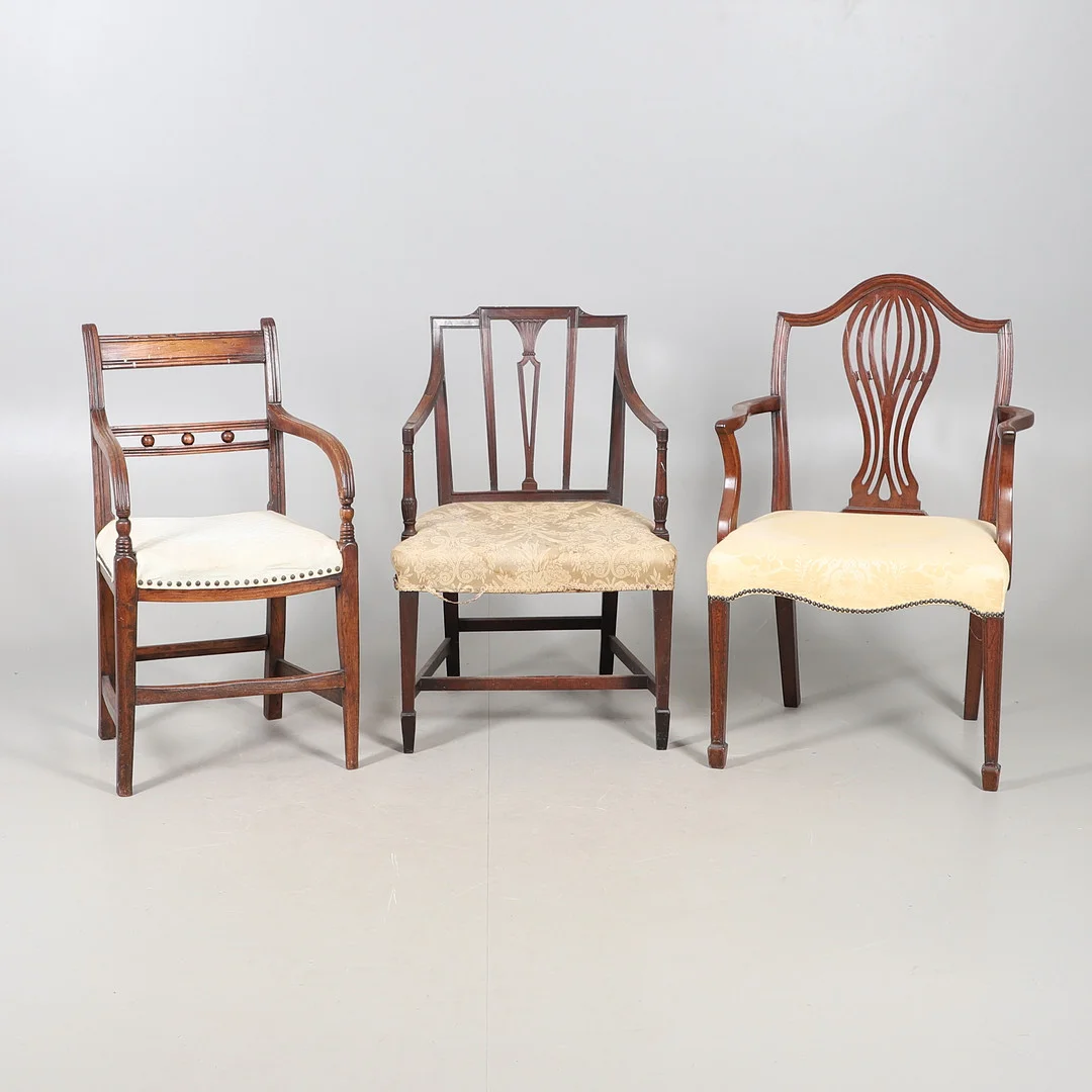 CHIPPENDALE-STYLE ELBOW CHAIR WITH TWO OTHERS. — Armchairs & Chairs — Lawrences Auctioneers