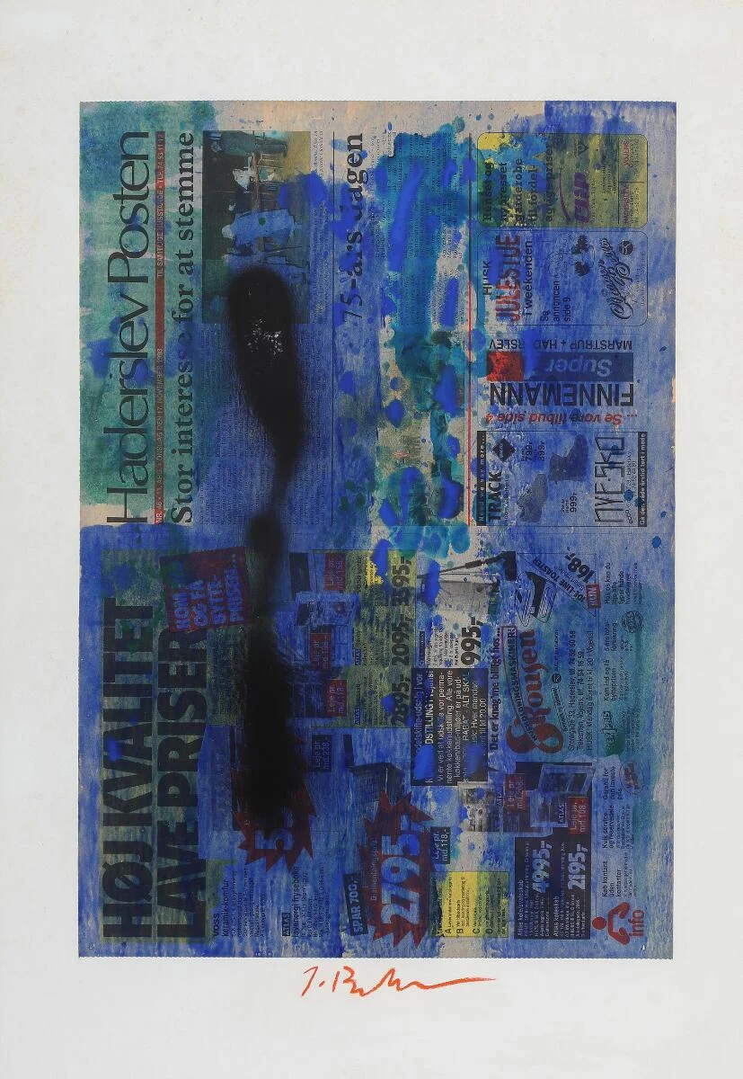 Untitled. Signed J. Birkemose. Watercolour on newspaper mounted on paper. Sheet size 70×50 cm. — Modern Paintings/Modern art — Bruun Rasmussen