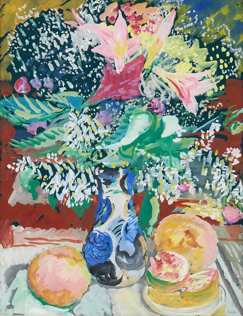 SIGRID HJERTÉN. Still life with flowers in a blue jug. — Paintings — Stockholms Auktionsverk Fine Art
