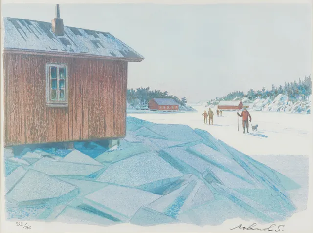 ROLAND SVENSSON (1910-2003): "Söndag på isen, Möja", signerad roland S, numrerad 322/360, färglitografi.