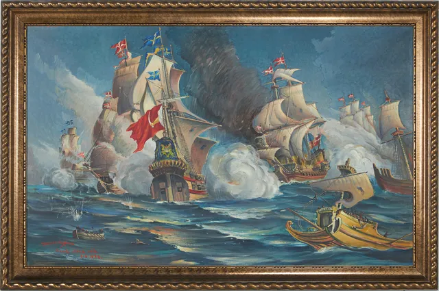 STIG JONZON. Sjöslaget vid Ölands södra udde 1676, signerad samt daterad 1936, olja på duk, en bok om regalskeppet Kronan medföljer.