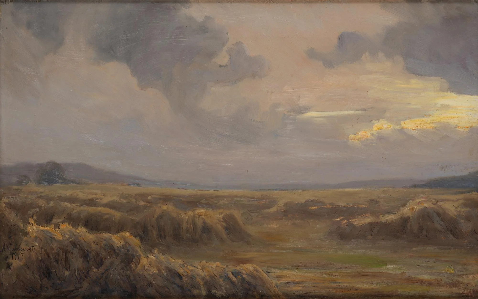 Axel Fahlcrantz, "Höskörd, kvällsljus, regnet bedarrar". — Konst/Klassisk svensk konst — Bukowskis