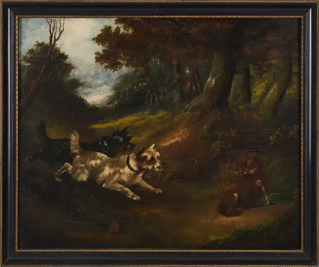 GEORGE ARMFIELD (STORBRITANNIEN, 1808-1893). HANS ART. Hundar och räv. Sign G A, Olja på duk.