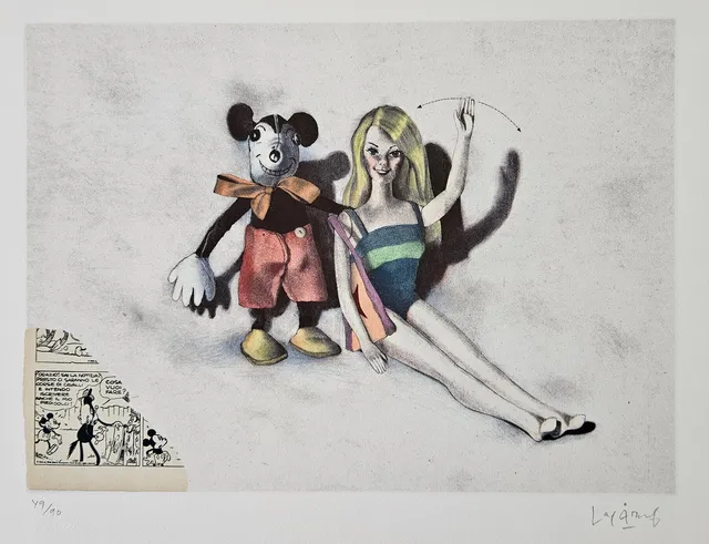 LASSE ÅBERG. "Mickey och Barbie". Färglitografi, signerad Lasse Åberg och numrerad 49/90.