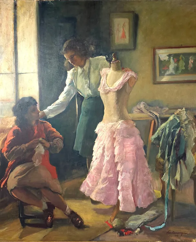 ERNEST SANTASUSAGNA. La modista, óleo sobre lienzo.