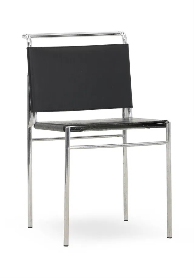 “Roquebrune Chair”. Chromed steel chair. Seat and back with black grain leather. Designed 1927. Manufactured by ClassiCon.