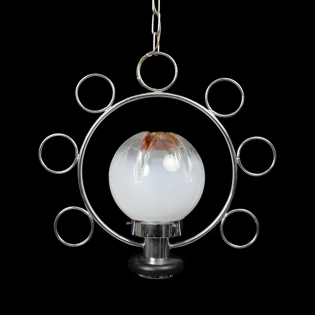 ITALIAN 1970s "SATURN" TONI ZUCCHERI MAZZEGA MURANO GLASS AND CHROME CEILING LIGHT.