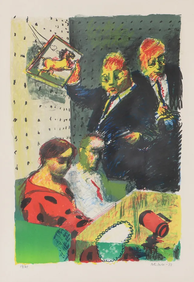 PETER DAHL. Restauranginteriör, färglitografi, signerad -73.