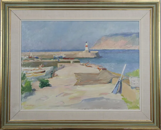 GUNNAR WALLENTIN. Olja på duk, Mölle hamn, vy mot Kullaberg, signerad.