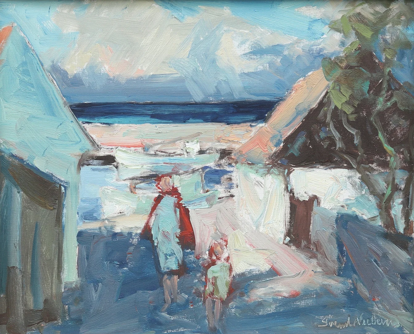 SVEND NIELSEN (DANMARK 1908-1993). Hamnmotiv, olja på duk, signerad. — Paintings — Garpenhus Auktioner