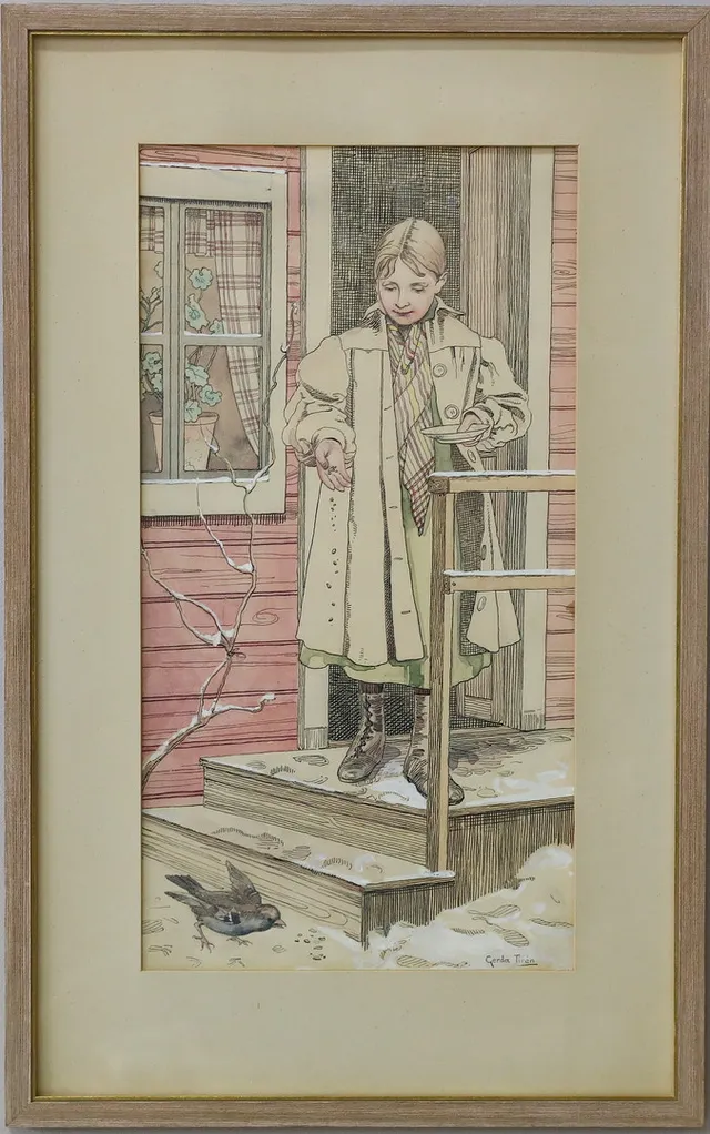 GERDA TIRÉN. originalteckning, "Sparven om julmorgon", jultomten 1898, signerad.