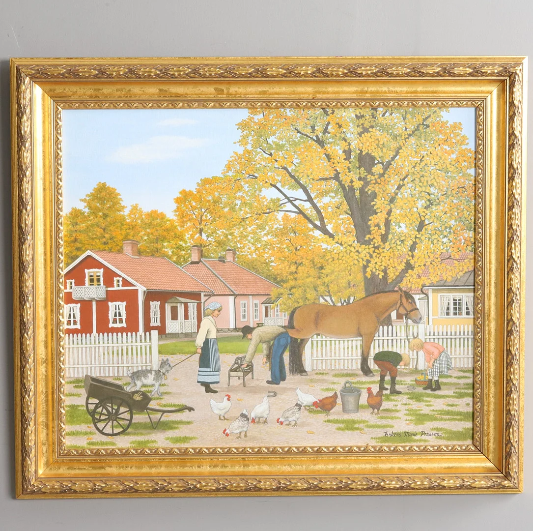 ERKERS MARIE PERSSON. AKRYL PÅ PANNÅ, hovslagaren kommer, signerad. — Paintings — Örebro Stadsauktioner