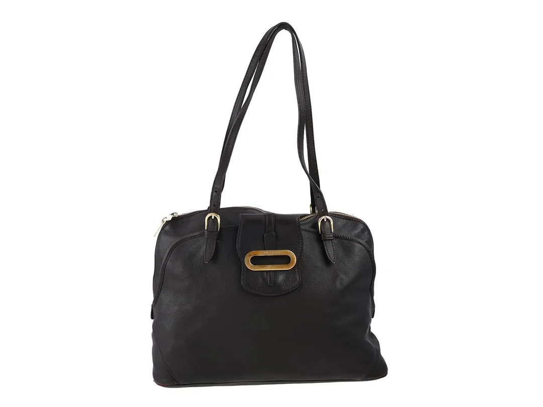 VÄSKA, JIMMY CHOO, mörkbrunt läder, mässingfärgade beslag, 42x27x15 cm, dustbag, fläckar på foder, bruksslitage. — Accessoarer/Väskor — Kaplans