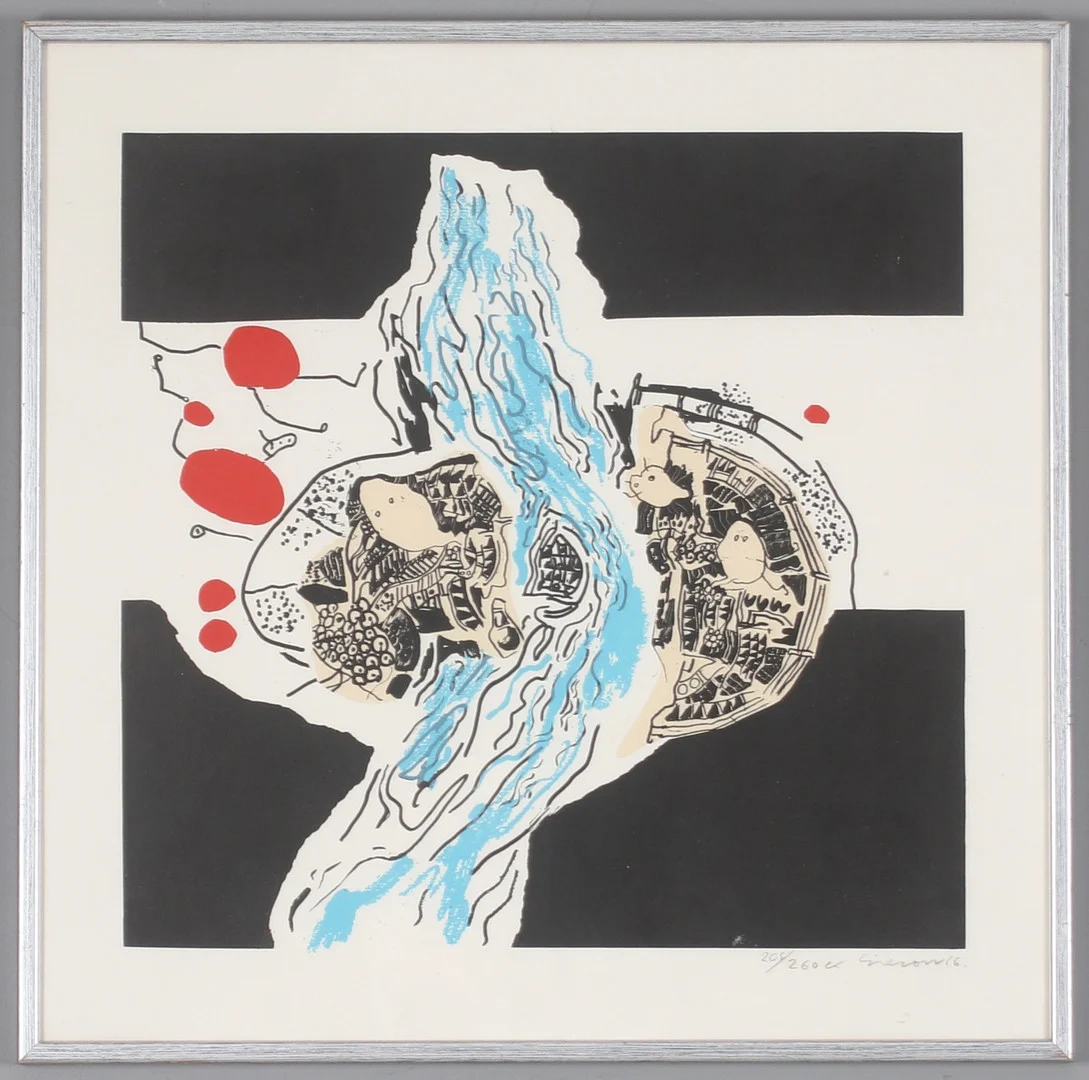 GÖSTA GIEROW. Komposition, färglitografi, signerad och numrerad 208/260. — Engravings & Prints — Stadsauktion Sundsvall