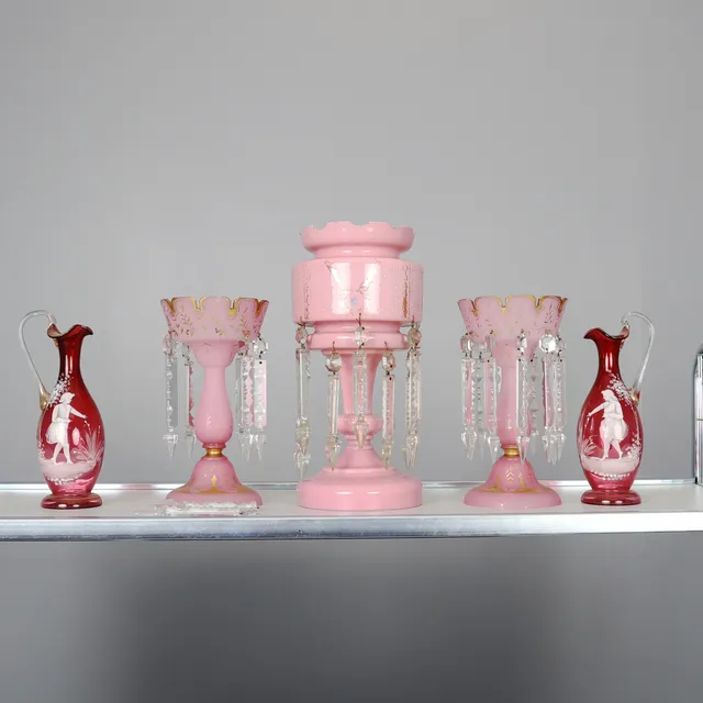 3 VICTORIAN PINK GLASS LUSTRES, AND A PAIR OF MARY GREGORY JUGS. (5).