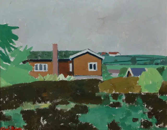 Houses, Bornholm. Signed Olaf Rude. Oil on canvas. 51×66 cm.