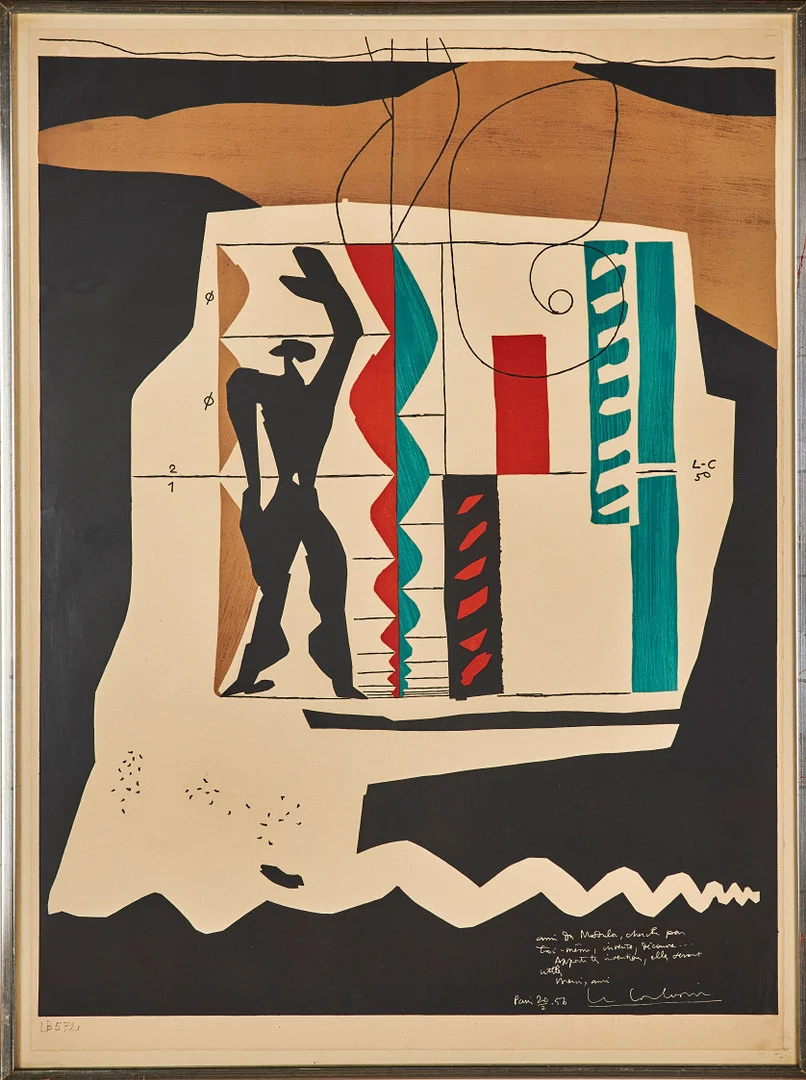 LE CORBUSIER (FRANKRIKE 1887-1965). EFTER. "Le Modulor", färglitografi, Atelier Mourlot, Paris 1962, bär anteckning i blyerts. — Engravings & Prints — Stockholms Auktionsverk Sickla