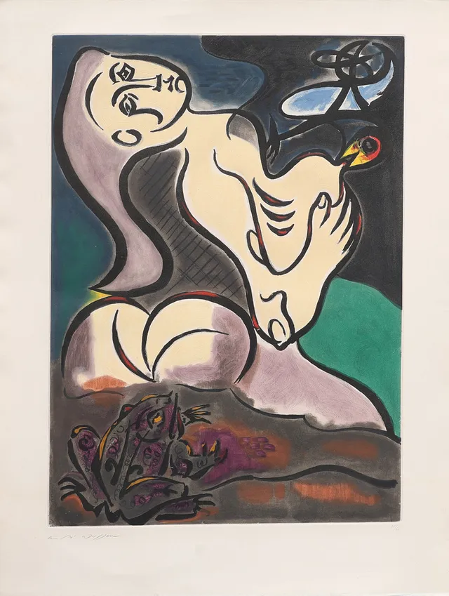 ANDRÉ MASSON. ETSNING OCH AKVATINT, "LA NOURRICE AUX OISEAUX", SIGNERAD OCH NUMRERAD 32/60, 1947, SANNOLIKT TRYCKT 1955.