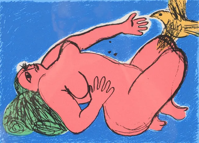 BEVERLOO CORNEILLE. Kvinna med fågel, färglitografi, signerad Corneille -87.