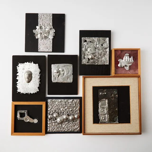 ÅKE LAGERBORG (1927-2020):. Kompositioner, 8 stycken, vitmetall i relief, delvis signerade.