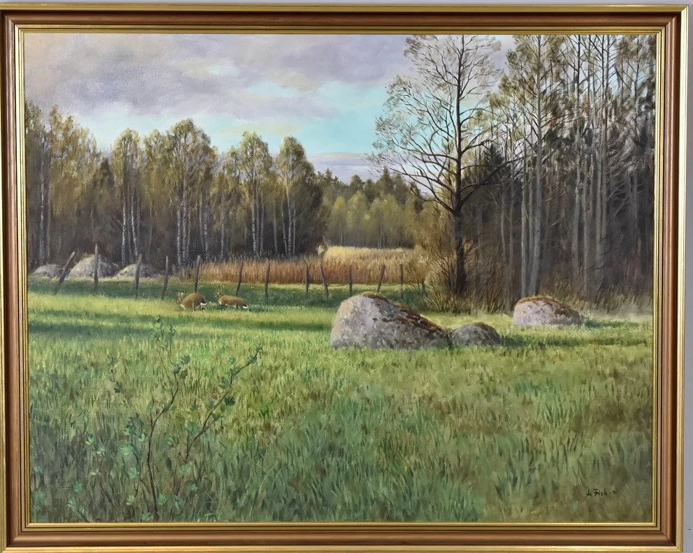 LENNART FRISK. oljemålning, harar i landskap. — Paintings — Halmstads Auktionskammare