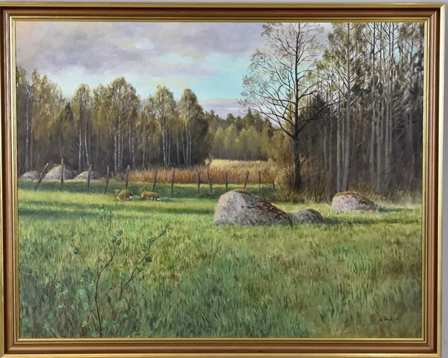LENNART FRISK. oljemålning, harar i landskap.