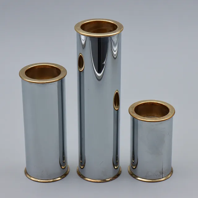 STAFFAN ENGLESSON, LJUSSTAKAR "CYLINDER 2000", 3 DELAR, KROMAD METALL OCH MÄSSING, SWEDEN, SAMTIDA.