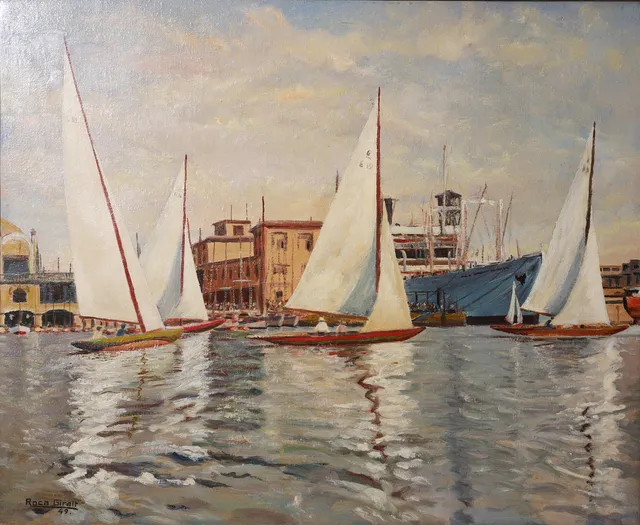 JOAN ROCA GIRALT. PUERTO, ÓLEO SOBRE LIENZO. FIRMADO ROCA GIRALT, 49.