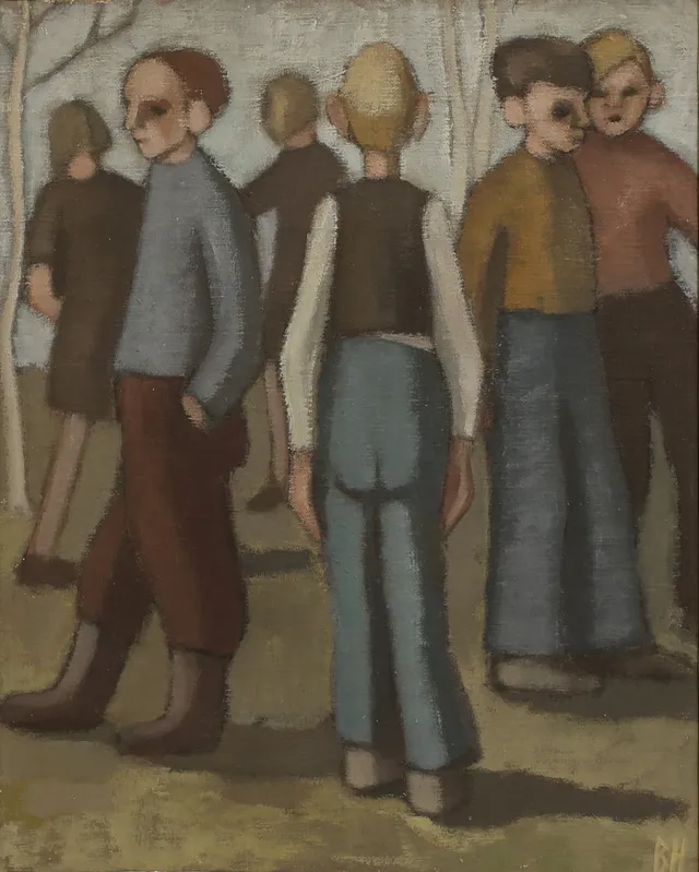 BERTA HANSSON. Olja på pannå, "På skolgården", monogramsignerad.