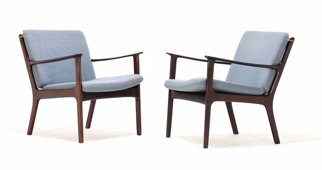 Ole Wanscher: Two armchairs model PJ112, dark mahogany with blue cushions
