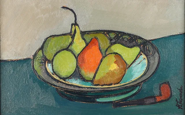 HELGE FRANZÉN. "Fruktfatet", olja på duk, signerad.