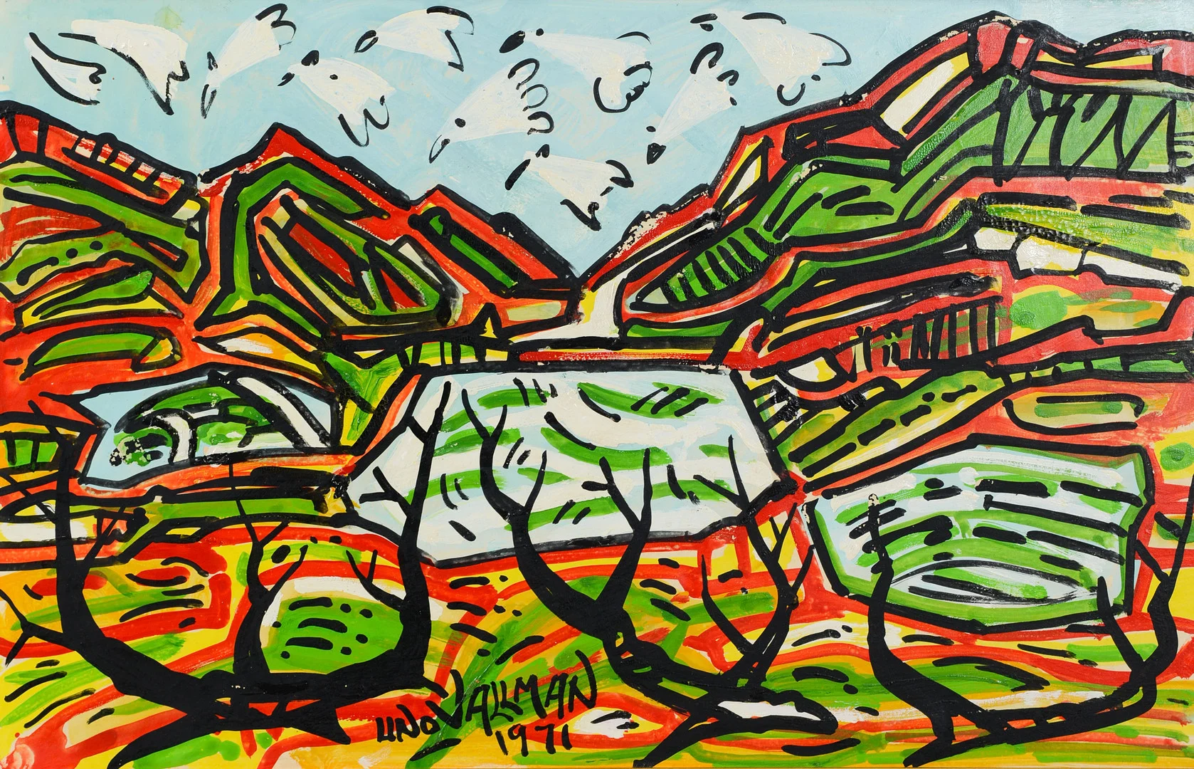 UNO VALLMAN. Abstrakt landskapsmotiv, blandteknik på pannå, signerad, daterad 1971. — Paintings — Formstad Auktioner