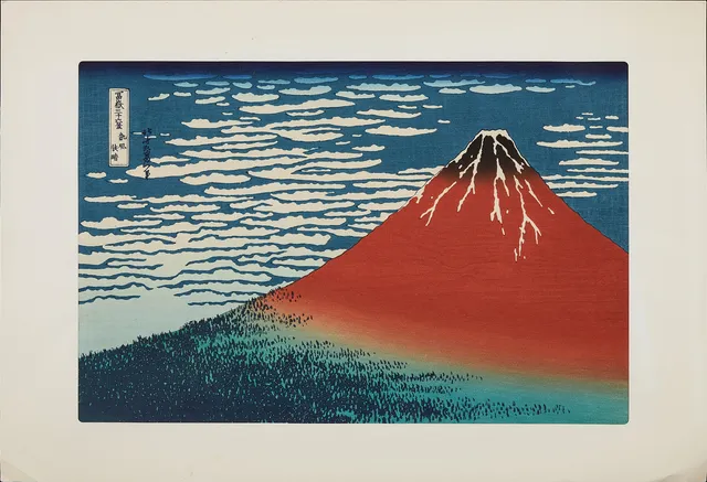 KATSUSHIKA HOKUSAI (1860-1849). Efter. "Fine Wind, Clear Weather" (凱風快晴, Gaifu kaisei), känd som "Red Fuji" (赤富士, Akafuji) ur serien "Thirty-six views of Mount Fuji" (富嶽三十六景, Fugaku sanjurokkei).