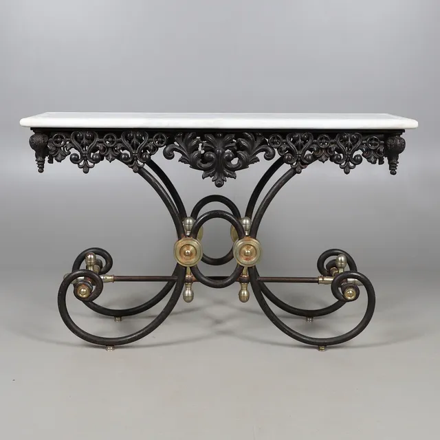 A FRENCH WROUGHT IRON AND MARBLE PATISSERIE OR CONSOLE TABLE, CIRCA 1830.