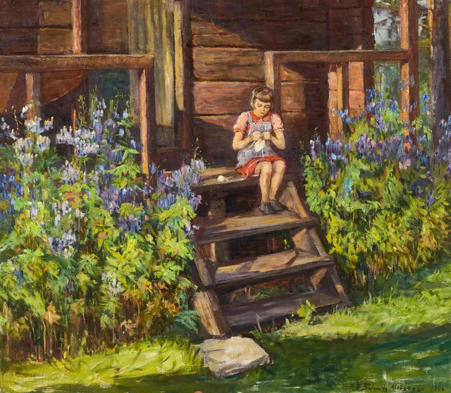 ELSA SCHULTZ MOBERGER (1879-1978). Flicka på farstubro, signerad och daterad 1946, olja på duk.