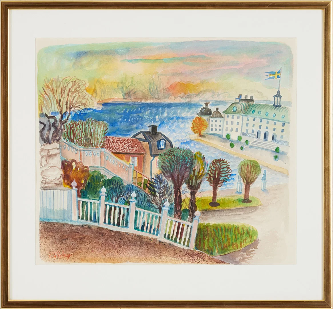 ELIS RYDBERG (1919-1985). motiv över Drottningholm, akvarell på papper, signerad. — Paintings — Stockholms Auktionsverk Magasin 5