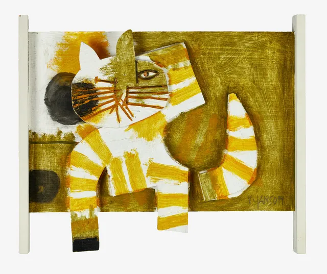 VIDE JANSSON (1924-2007). Relief med katt, signerad V Jansson, Polykromt bemålat trä.