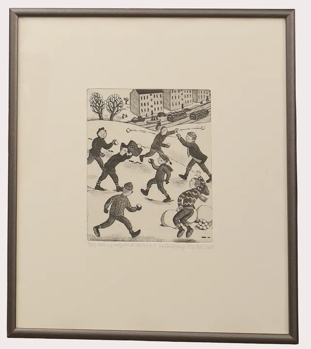 EVA REX. Orig etsning Mezzotint, "Snöbollskrig", numrerad78/140, signerad, daterad 2002.