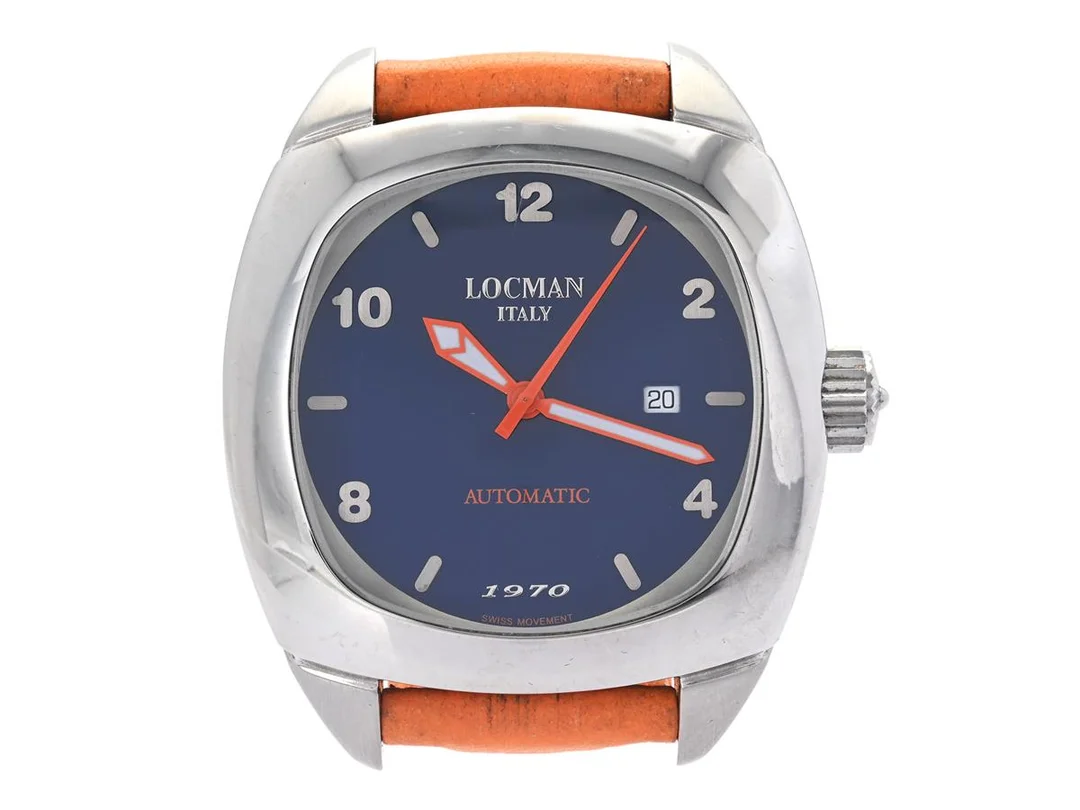 LOCMAN, Italy, 1970, Cal ETA 2824-2, Serie nr. 5710, herrur, 47 mm, stål, automatisk, mineralglas, datum, glasbaksida, läderband, originalspänne, ca 2005, etui. — Klockor/Locman — Kaplans