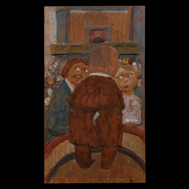 HELMER TELEMAN (1903-1991) "BRÖLLOP" TRÄTAVLA, SIGNERAD, DATERAD.