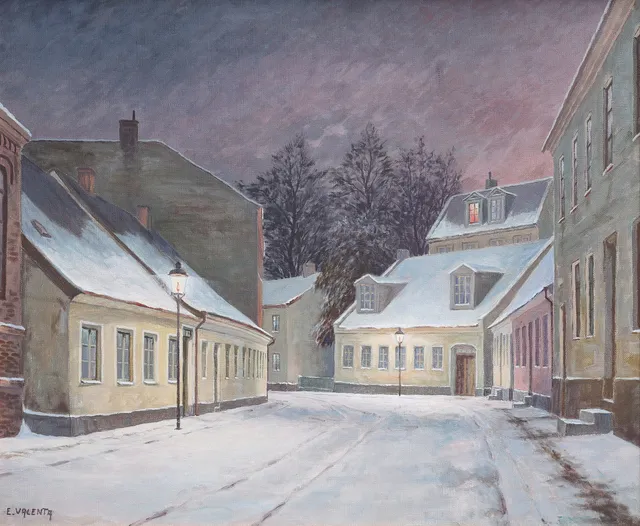 EDUARD VALENTA. OLJA PÅ DUK, ADELGATAN, LUND, SIGNERAD.