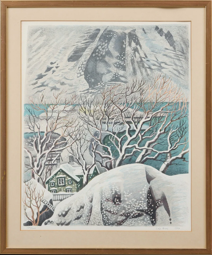 CAJE HUSS. Vinterbild, färglitografi, signerad och numrerad 168/200. — Engravings & Prints — Göteborgs Auktionsverk