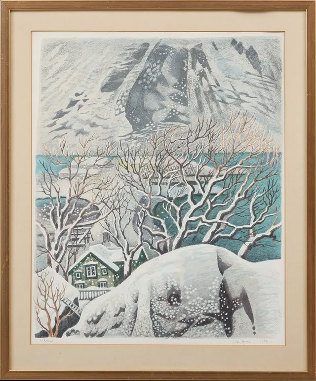 CAJE HUSS. Vinterbild, färglitografi, signerad och numrerad 168/200.