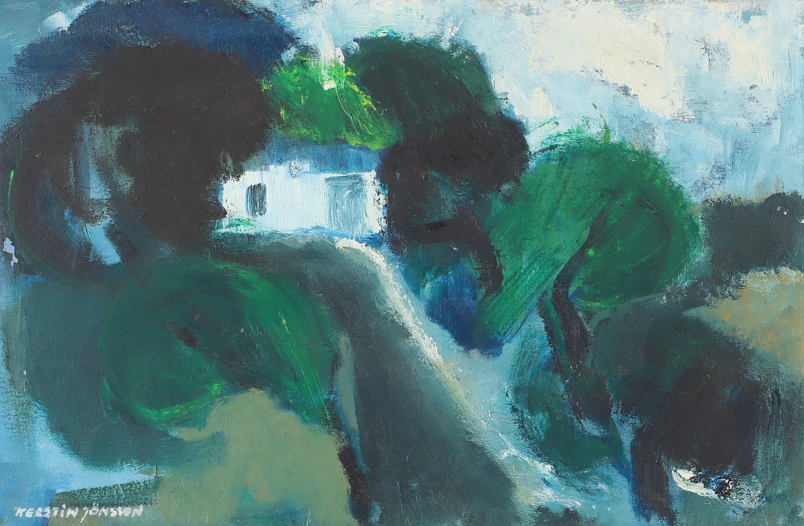 KERSTIN JÖNSSON. Landskap med hus, olja på duk, signerad. — Paintings — Helsingborgs Auktionskammare