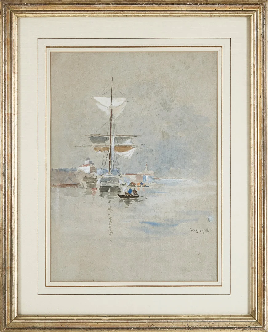 WILHELM VON GEGERFELT. "Hamnbild med en ankrad skuta" akvarell, signerad W v Gegerfelt. — Paintings — Stockholms Auktionsverk Magasin 5