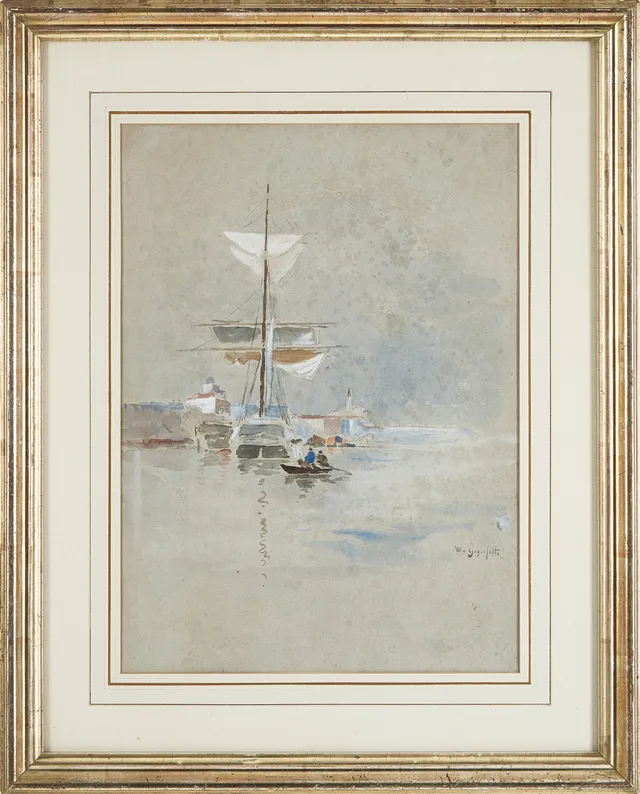 WILHELM VON GEGERFELT. "Hamnbild med en ankrad skuta" akvarell, signerad W v Gegerfelt.