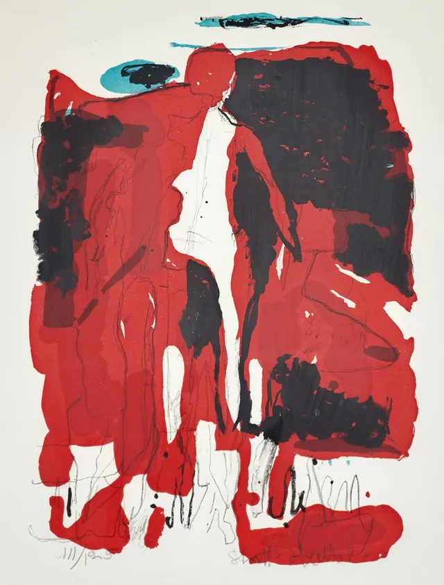 STAFFAN HALLSTRÖM (1914-1976). "Kvinna mot klippa", signerad, numrerad 111/125, färglitografi.