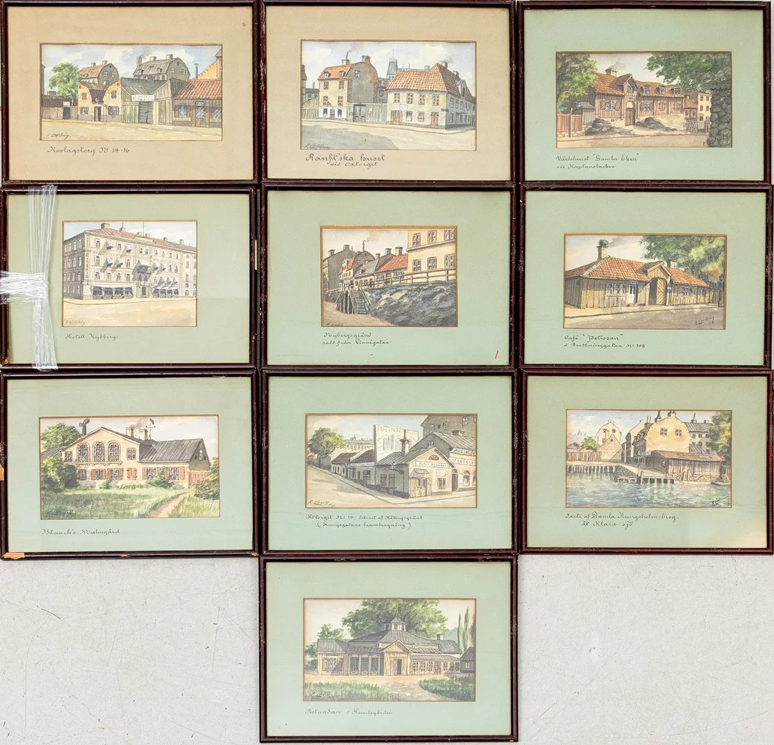 FRANS LINDSTRÖM. Stockholmsmotiv, 10 st, akvarell på papper, signerade. — Paintings — Auktionshuset Kolonn