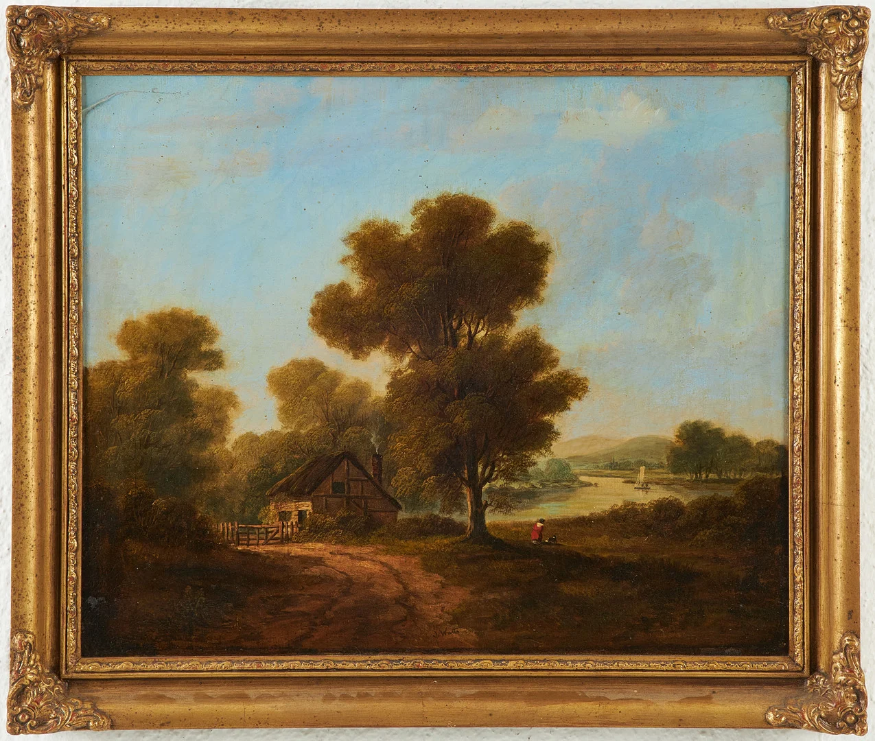 OIDENTIFIERAD KONSTNÄR, England, 1800-talets andra hälft, pastoralt flodlandskap, oljemålning på duk, signerad (troligen J eller P) Watts. — Paintings — Stockholms Auktionsverk Magasin 5